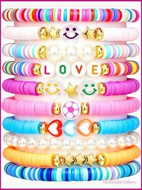 10-Piece Cute Preppy Beaded Bracelet Set for Teen Girls, Matching Friendship